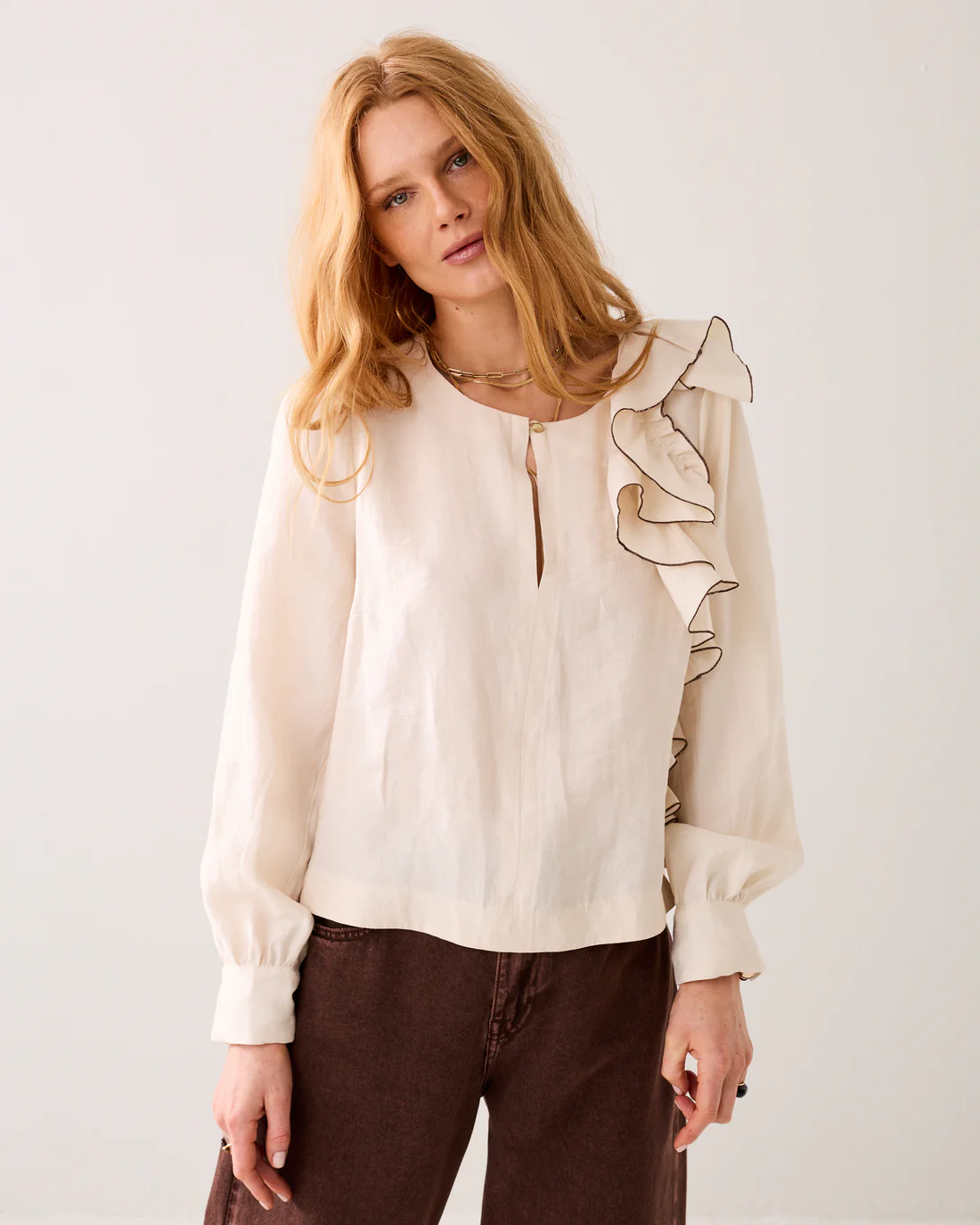 Top linnen ruche – kleur bruin – Summum